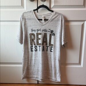 This Girl Sells Real Estate V-Neck Tee - Heathered Ivory with Cheetah Print